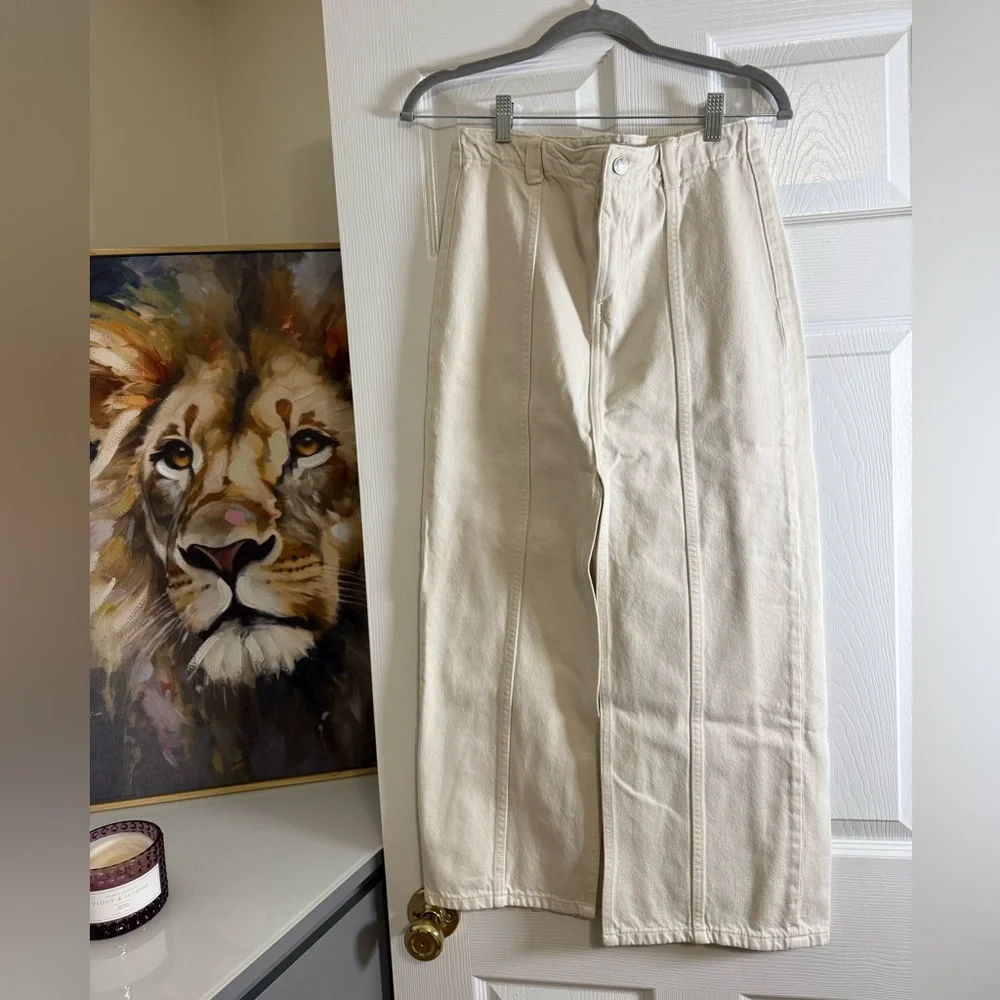 ZARA Cream Denim Midi Skirt | Front Slit High-Waisted Structured Skirt - Picture 1 of 3